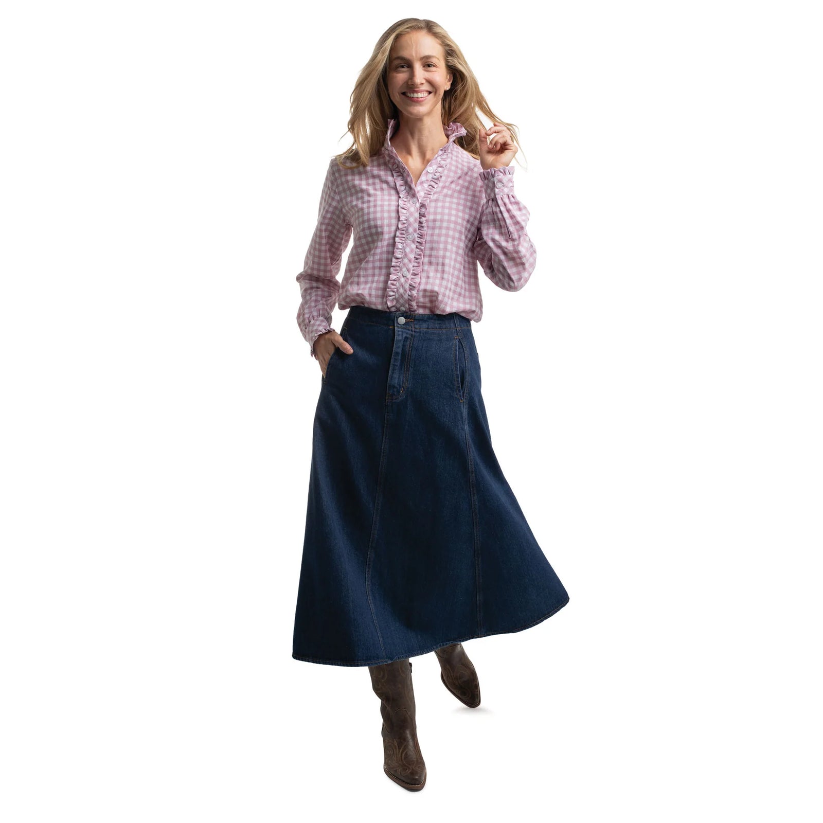 Just Country Wmns Abbey Frills Full Button Print Workshirt Berry and White Check