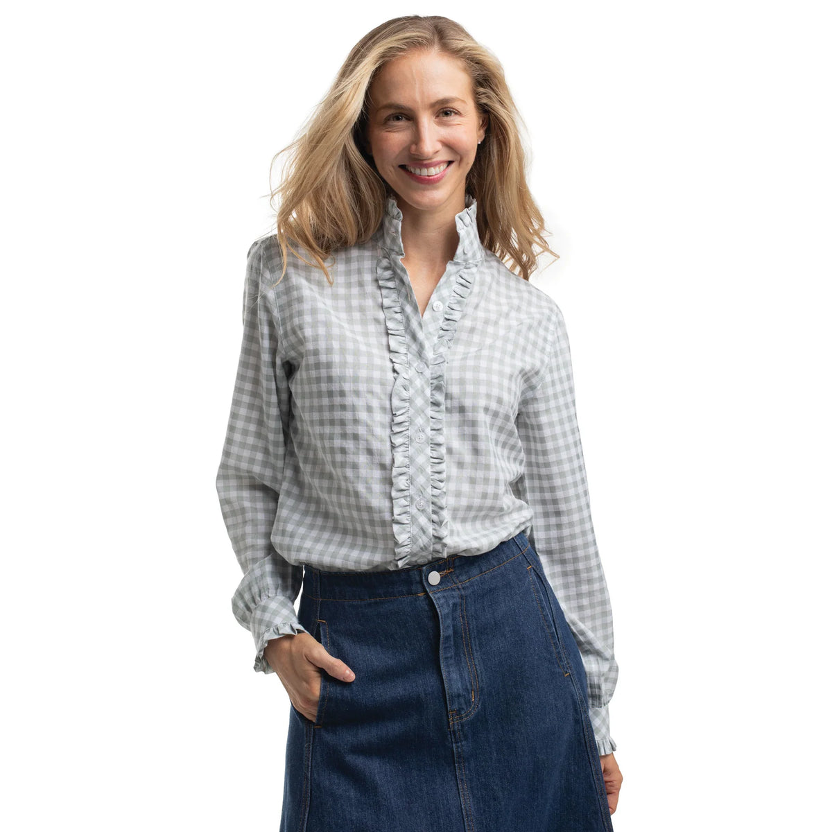 Just Country Wmns Abbey Frills Full Button Print Workshirt Sage and White Check