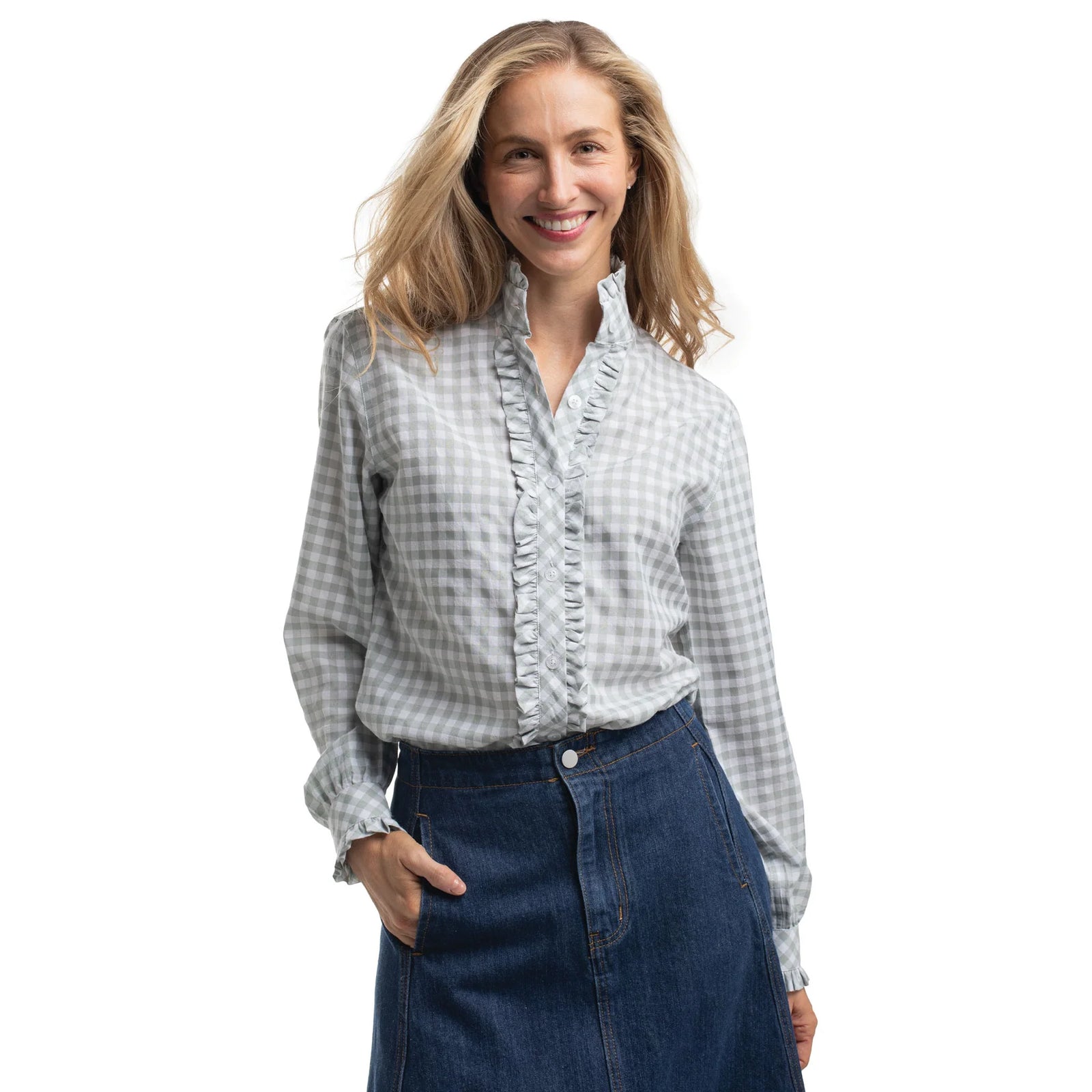 Just Country Wmns Abbey Frills Full Button Print Workshirt Sage and White Check