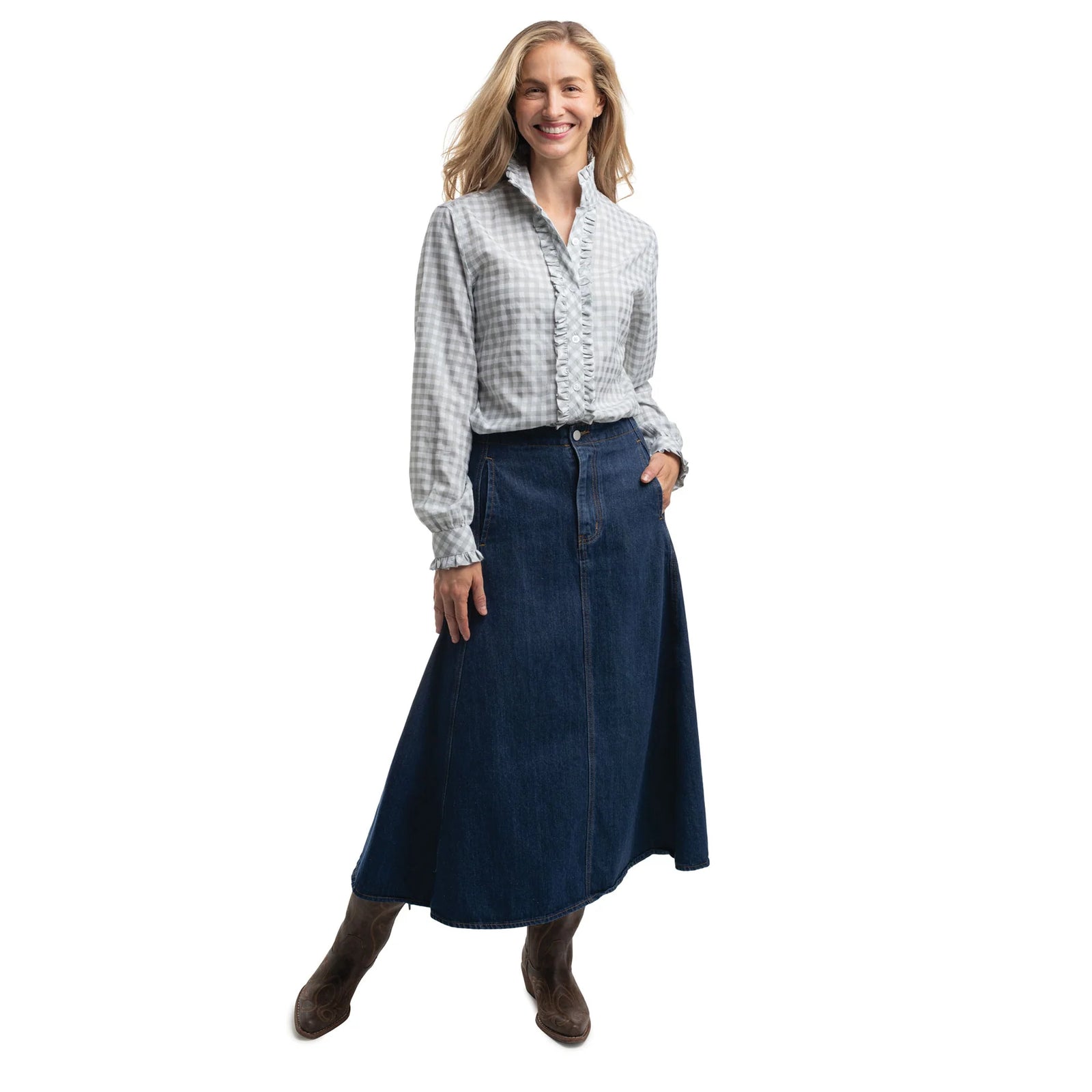 Just Country Wmns Abbey Frills Full Button Print Workshirt Sage and White Check