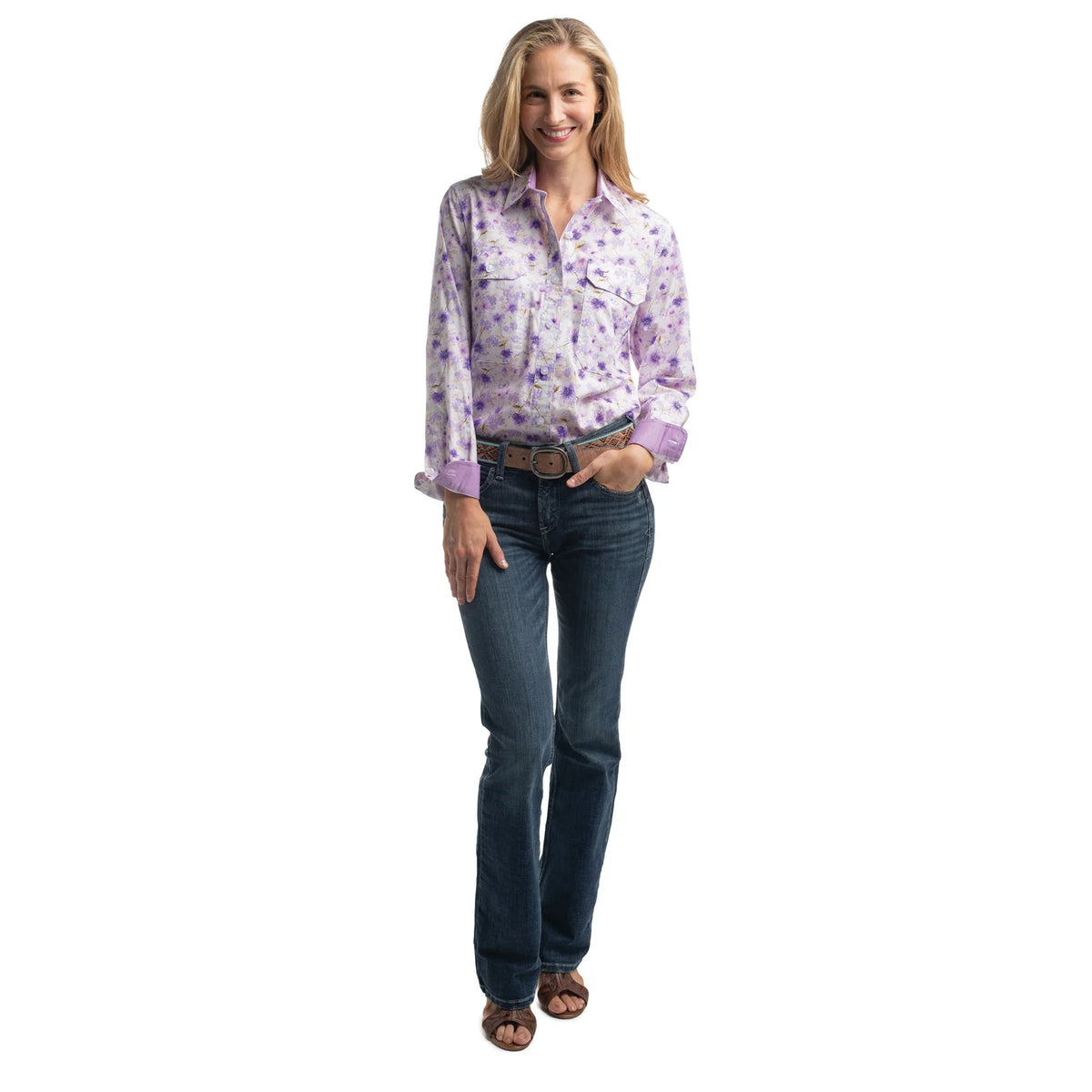 Just Country Wmns Abbey Full Button Print Workshirt Purple and White Wildflowers/Orchid