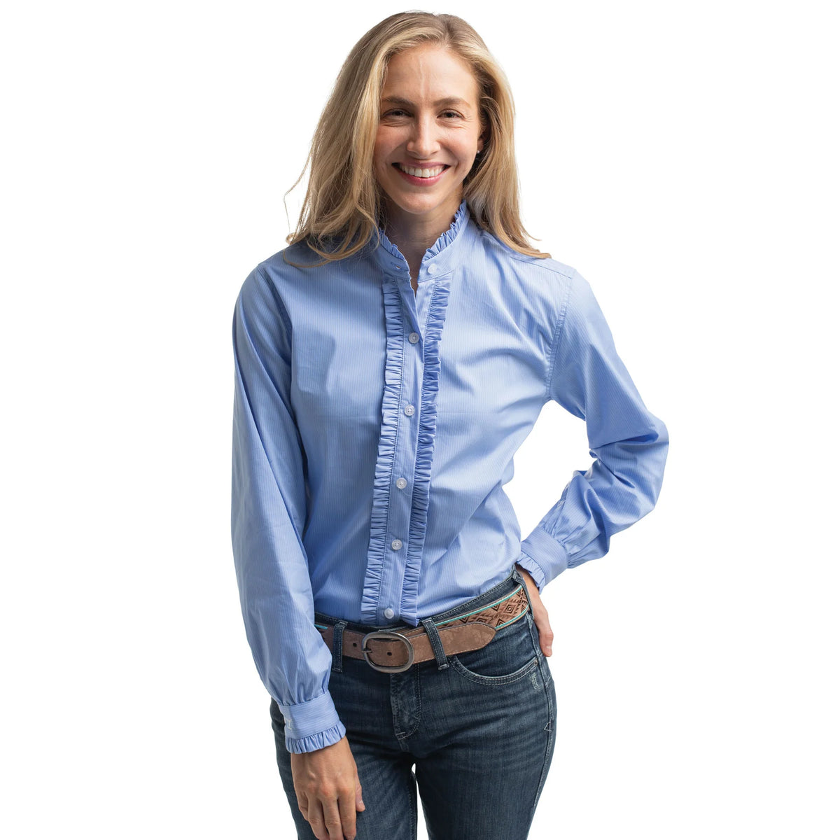 Just Country Wmns Abbey Frills Full Button Print Workshirt Cornflower Blue Pinstripe