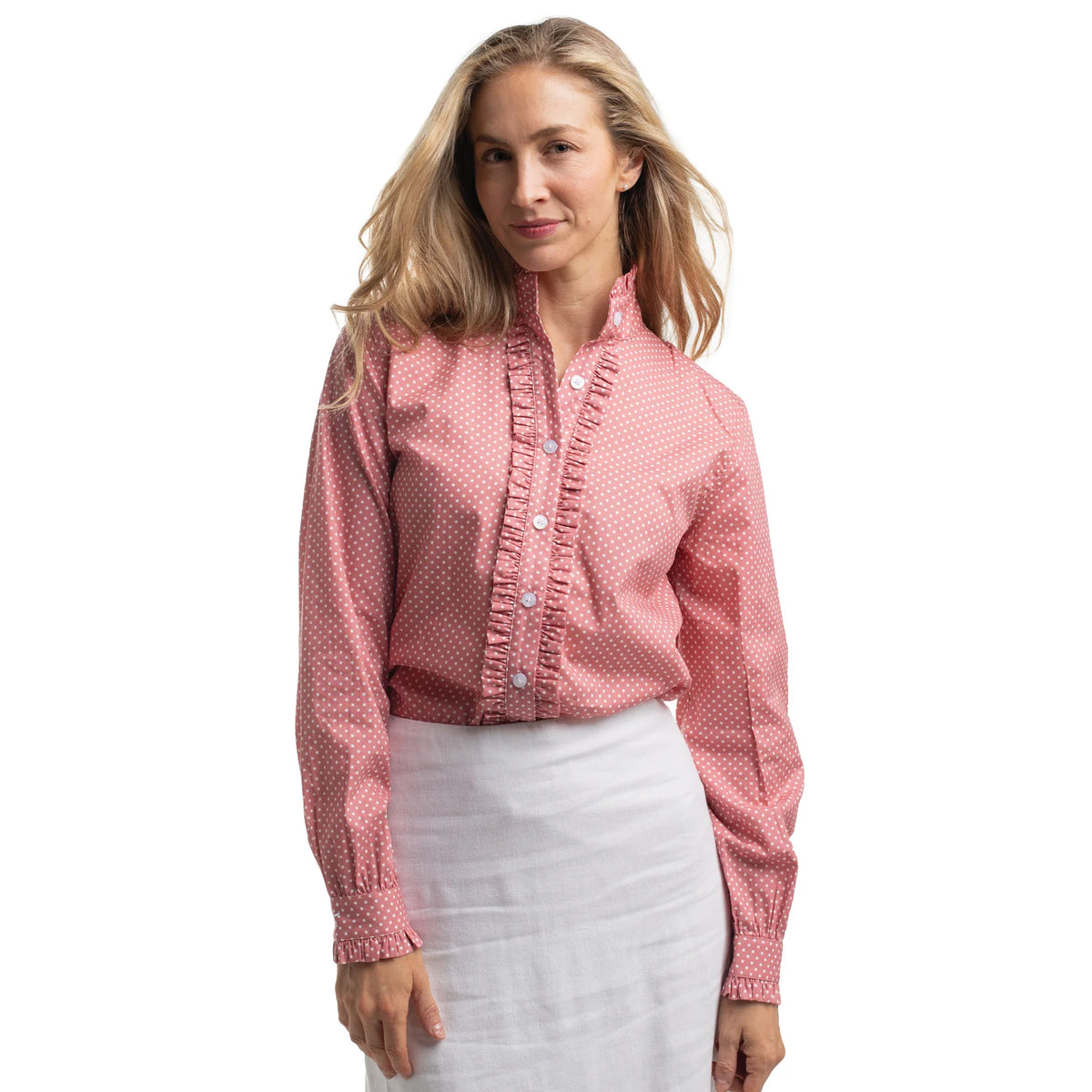 Just Country Wmns Abbey Frills Full Button Print Workshirt Rosewater and White Mini Sports