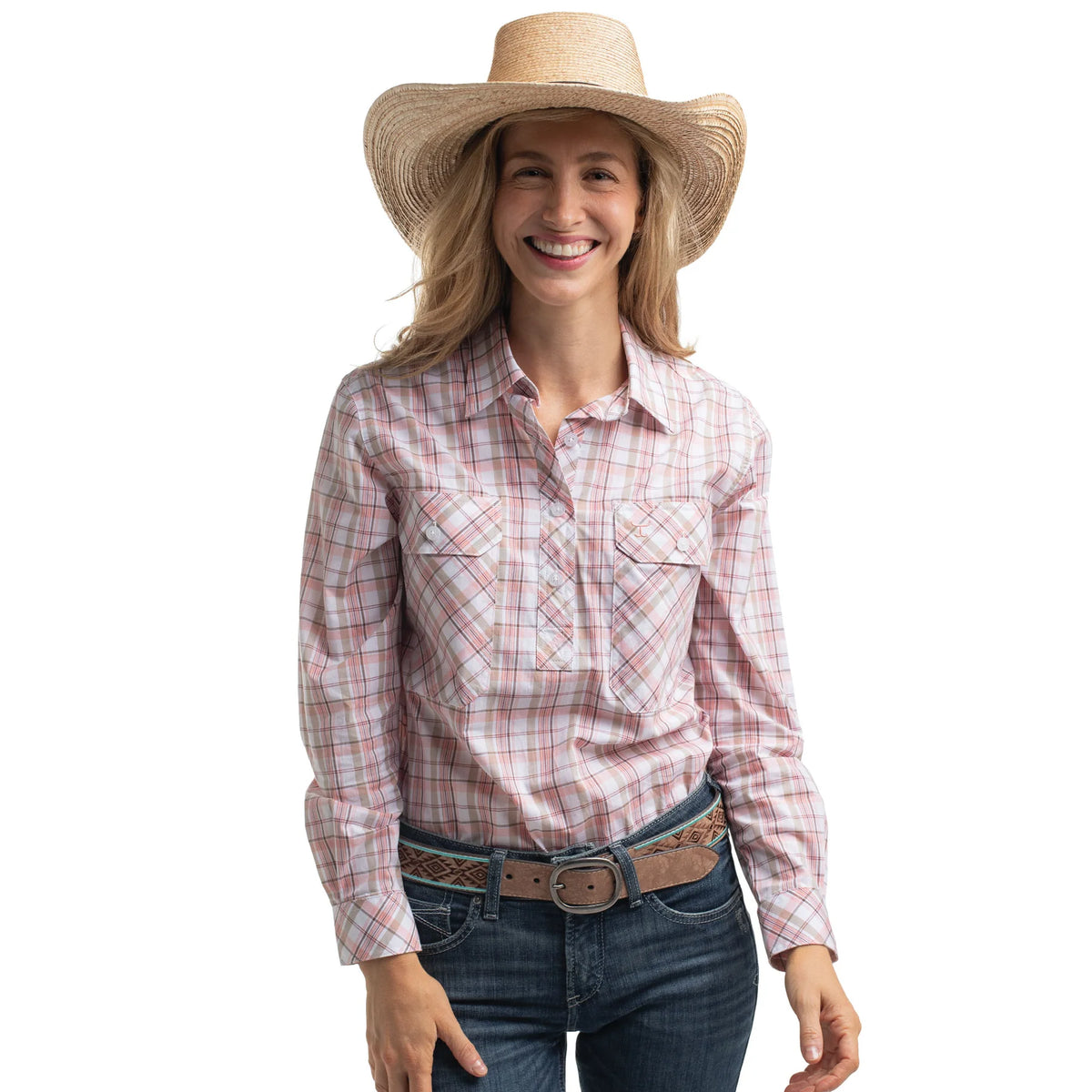 Just Country Wmns Abbey Georgie Half Button Print Workshirt White Tan and Baby Pink Plaid