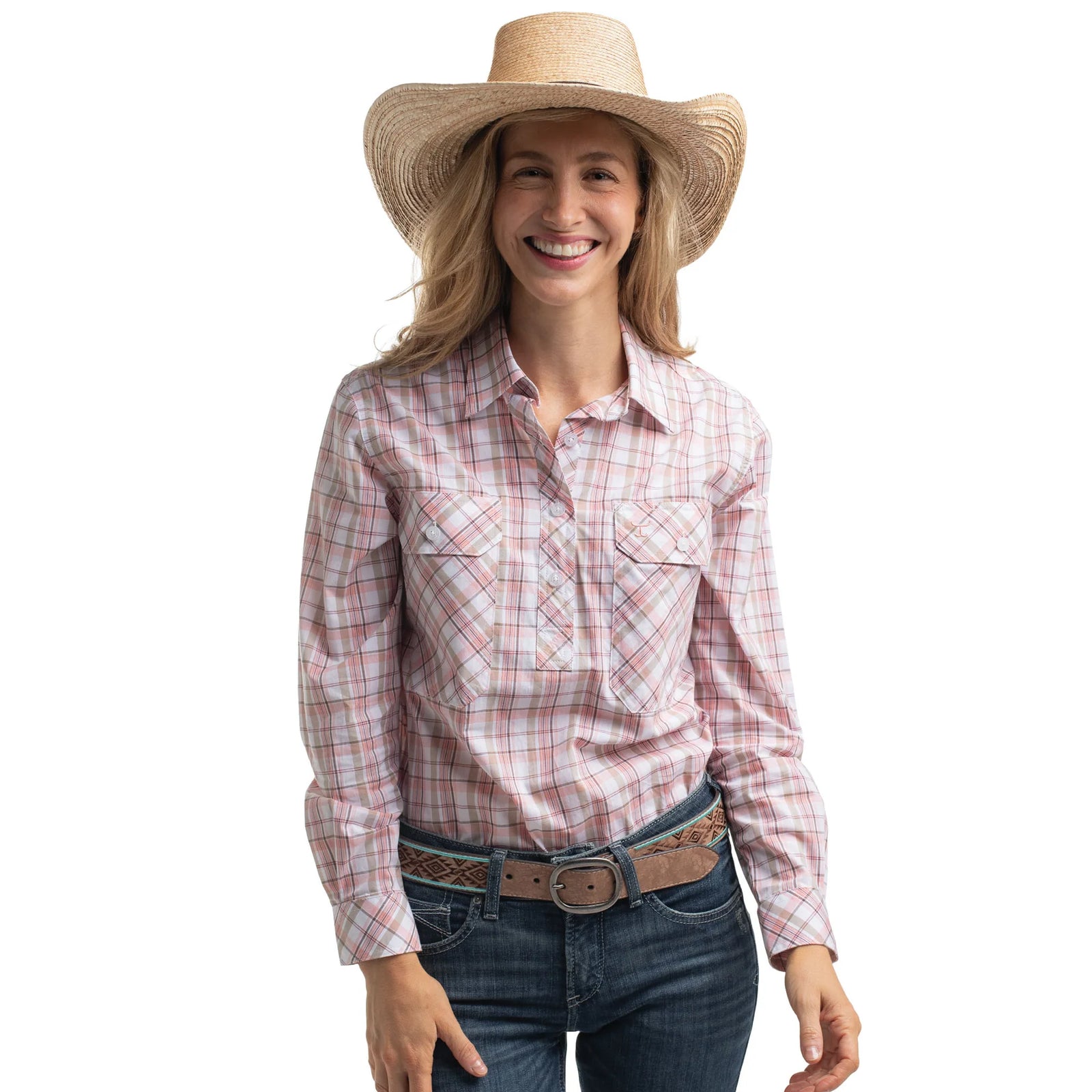 Just Country Wmns Abbey Georgie Half Button Print Workshirt White Tan and Baby Pink Plaid