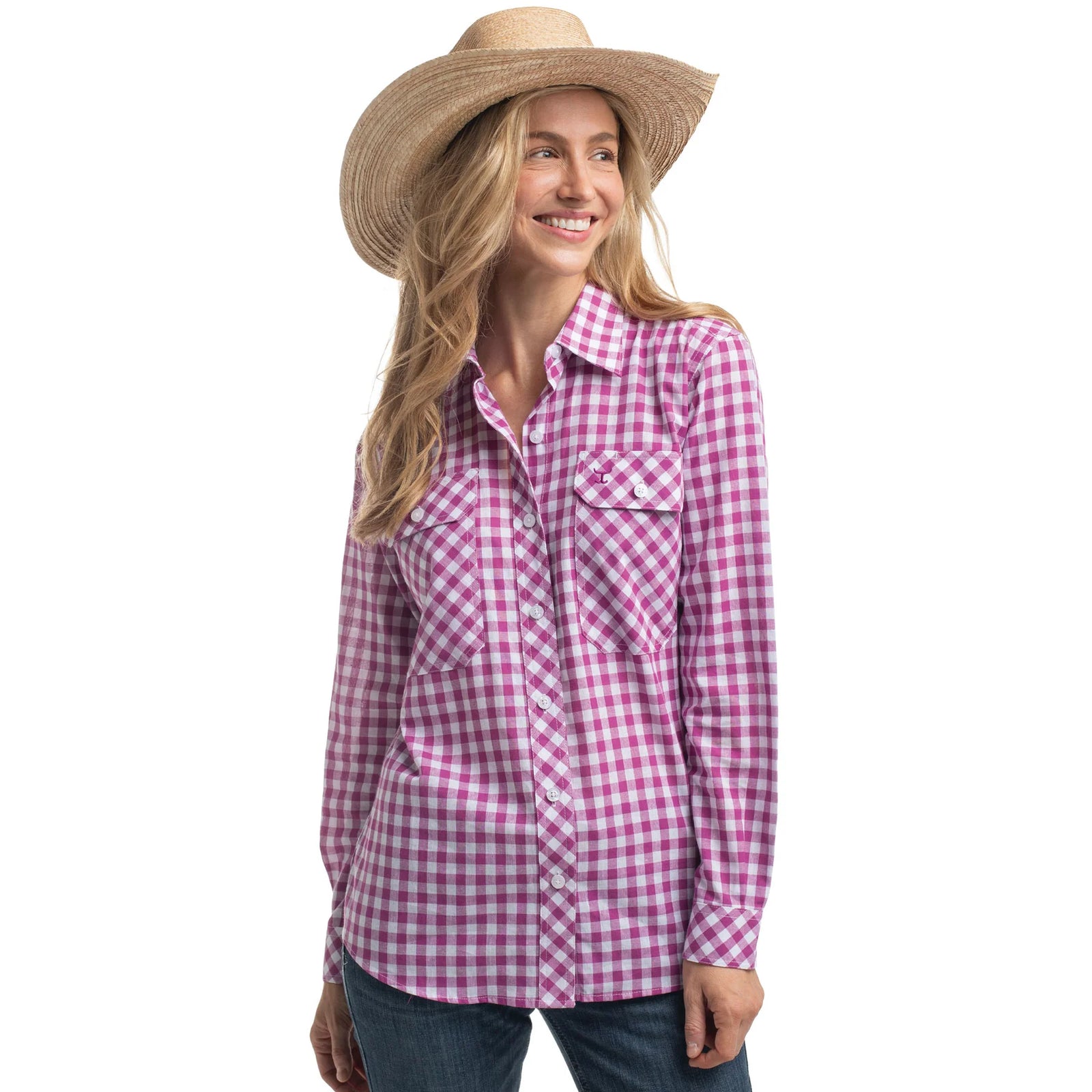 Just Country Wmns Abbey Full Button Print Workshirt Magenta and White Check