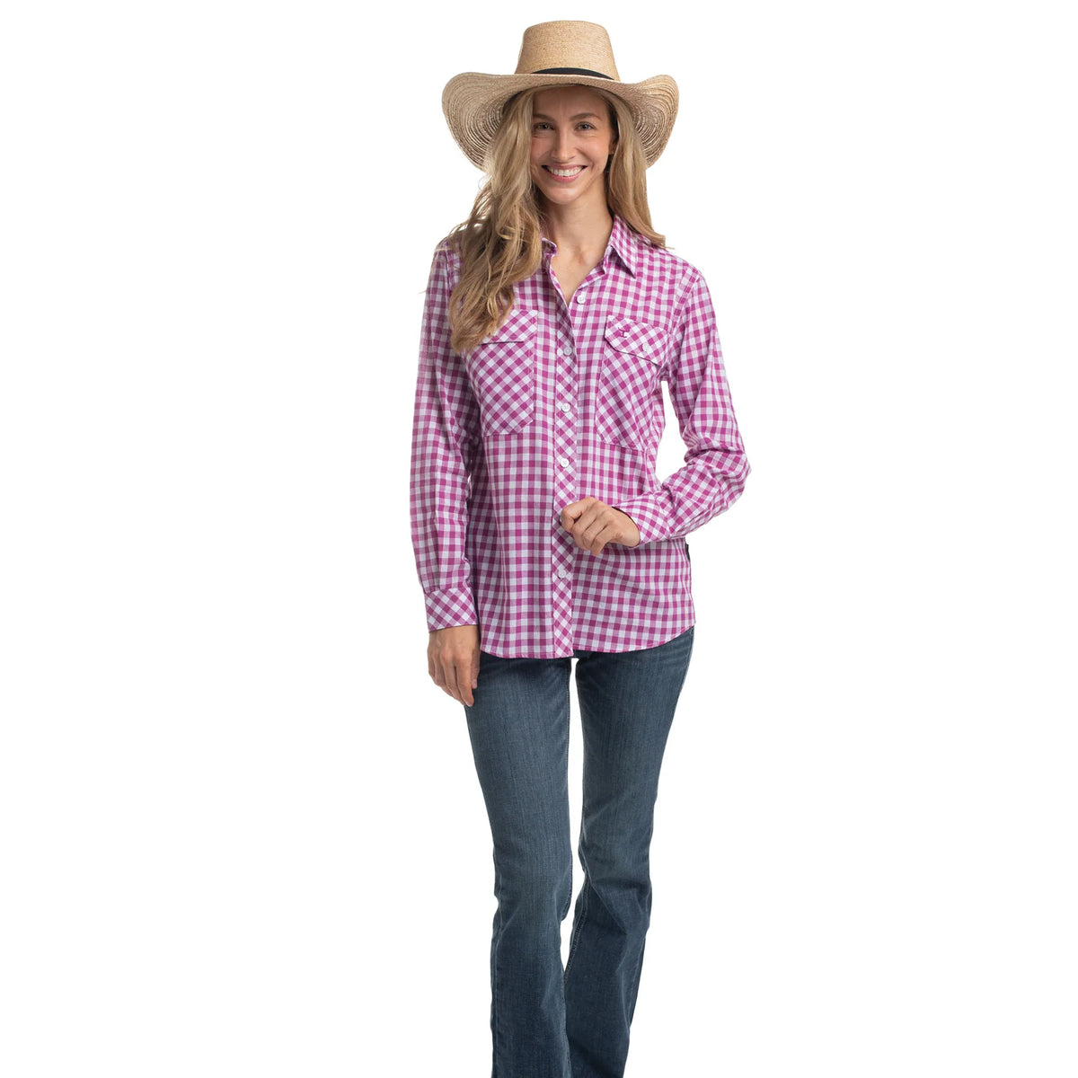 Just Country Wmns Abbey Full Button Print Workshirt Magenta and White Check