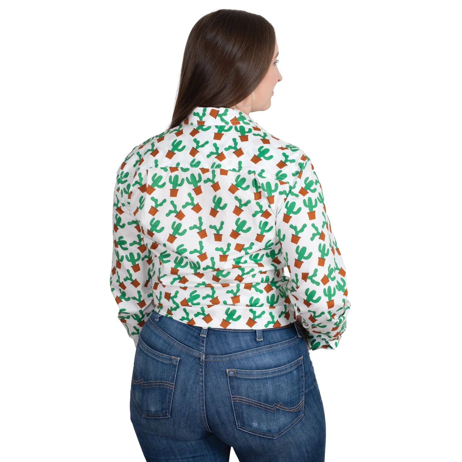 Just Country Wmns Abbey Full Button Long Sleeve Print Workshirt White Potted Cactus