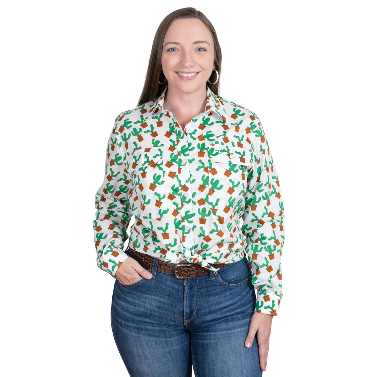 Just Country Wmns Abbey Full Button Long Sleeve Print Workshirt White Potted Cactus - EOFY Sale