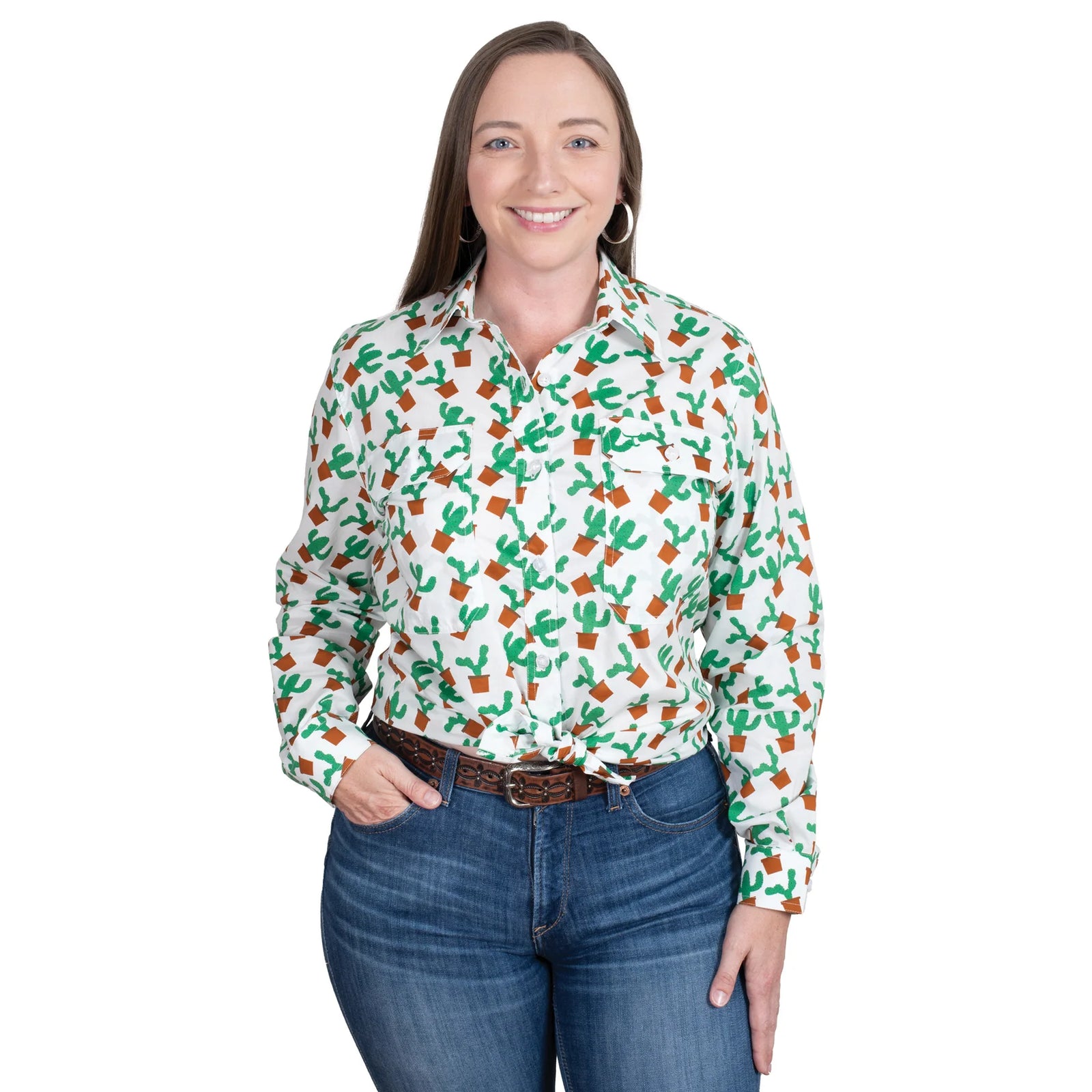 Just Country Wmns Abbey Full Button Long Sleeve Print Workshirt White Potted Cactus