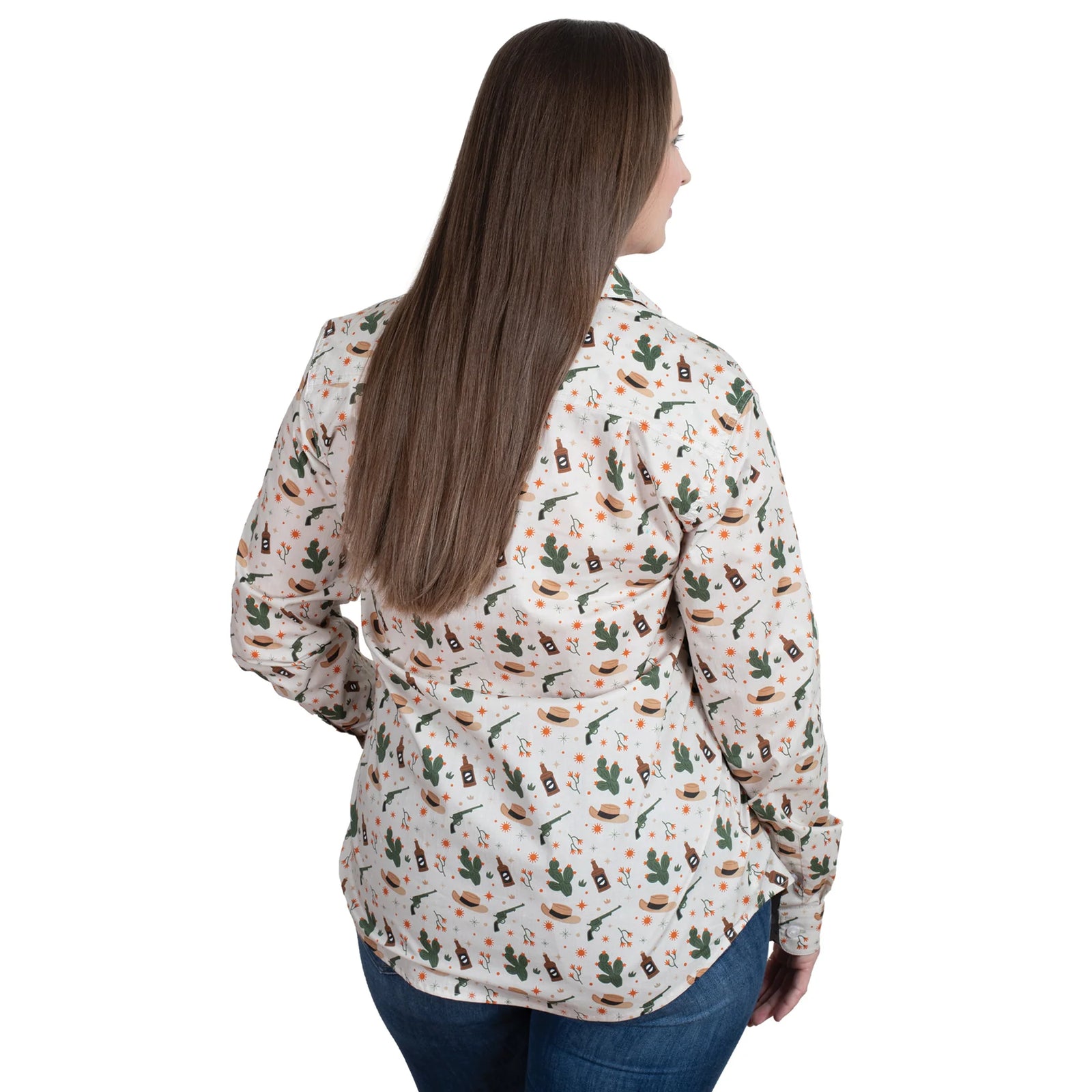 Just Country Wmns Abbey Full Button Long Sleeve Print Workshirt Stone Western Scene