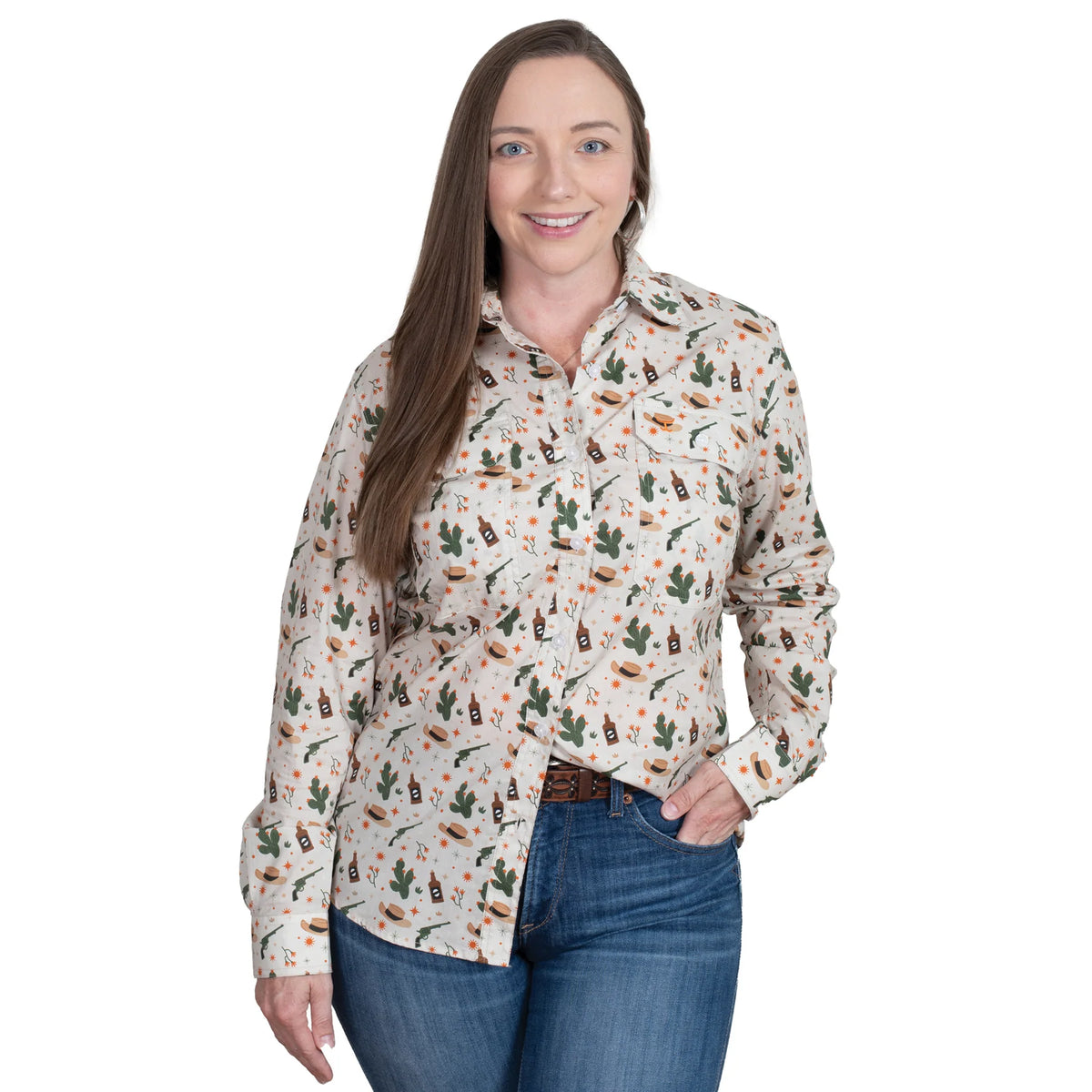 Just Country Wmns Abbey Full Button Long Sleeve Print Workshirt Stone Western Scene - EOFY Sale