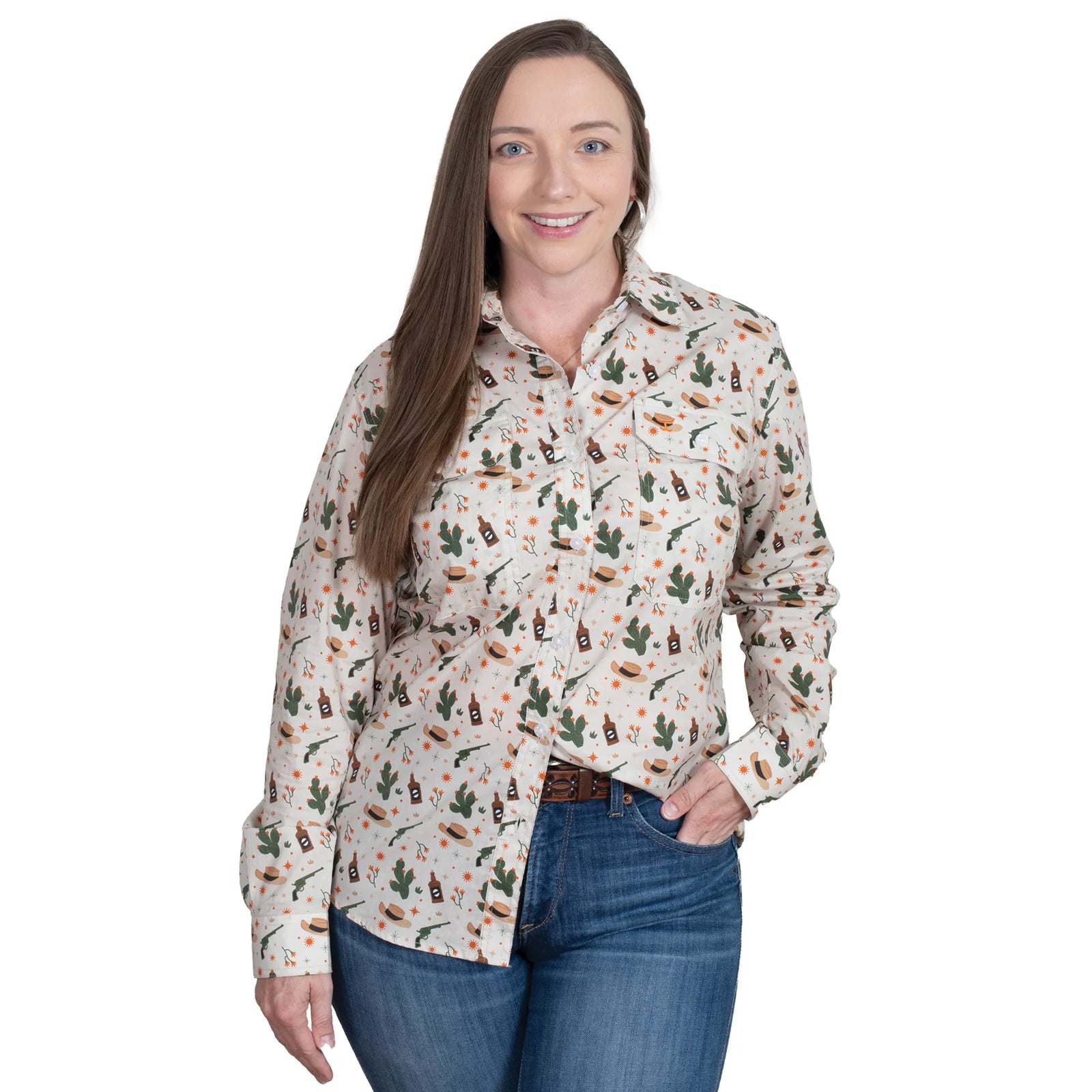 Just Country Wmns Abbey Full Button Long Sleeve Print Workshirt Stone Western Scene