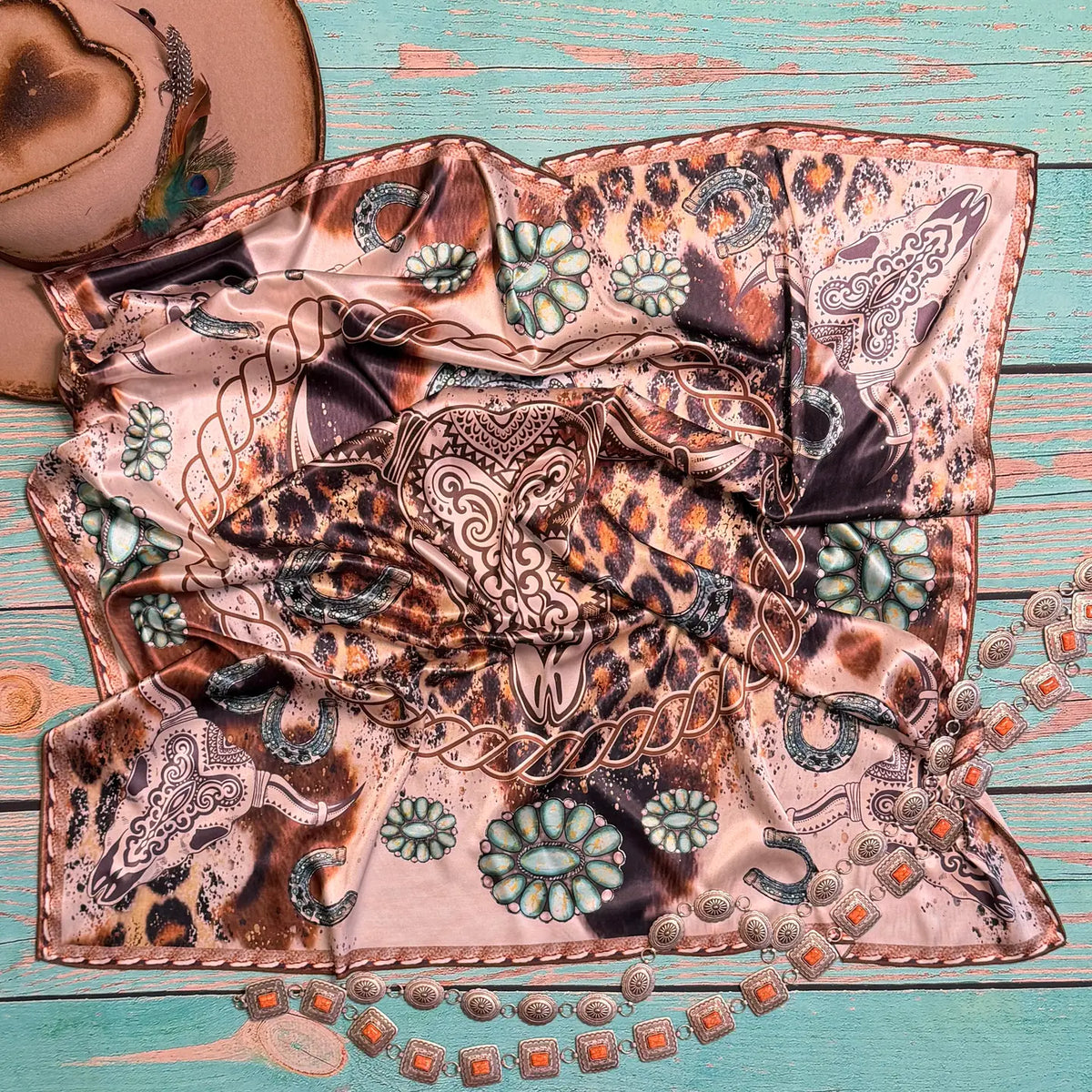 Western Longhorn Turquoise Print Silk Scarf | Country Clothing - Scarf | Saddleworld Ipswich