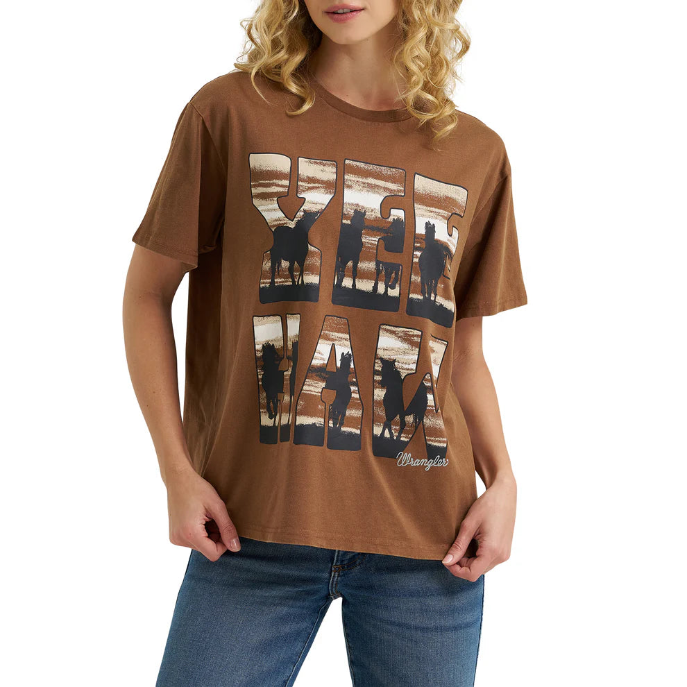 Wrangler Wmns Brown Yee Haw | Country Clothing - ladies T Shirts | Saddleworld Ipswich