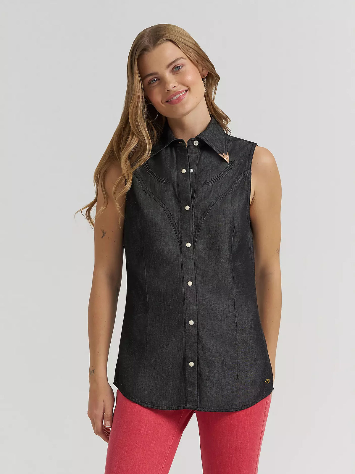 Wrangler X Lainey Wilson Black Denim Sleeveless Shirt | Country Clothing - Ladies Shirt  | Saddleworld Ipswich