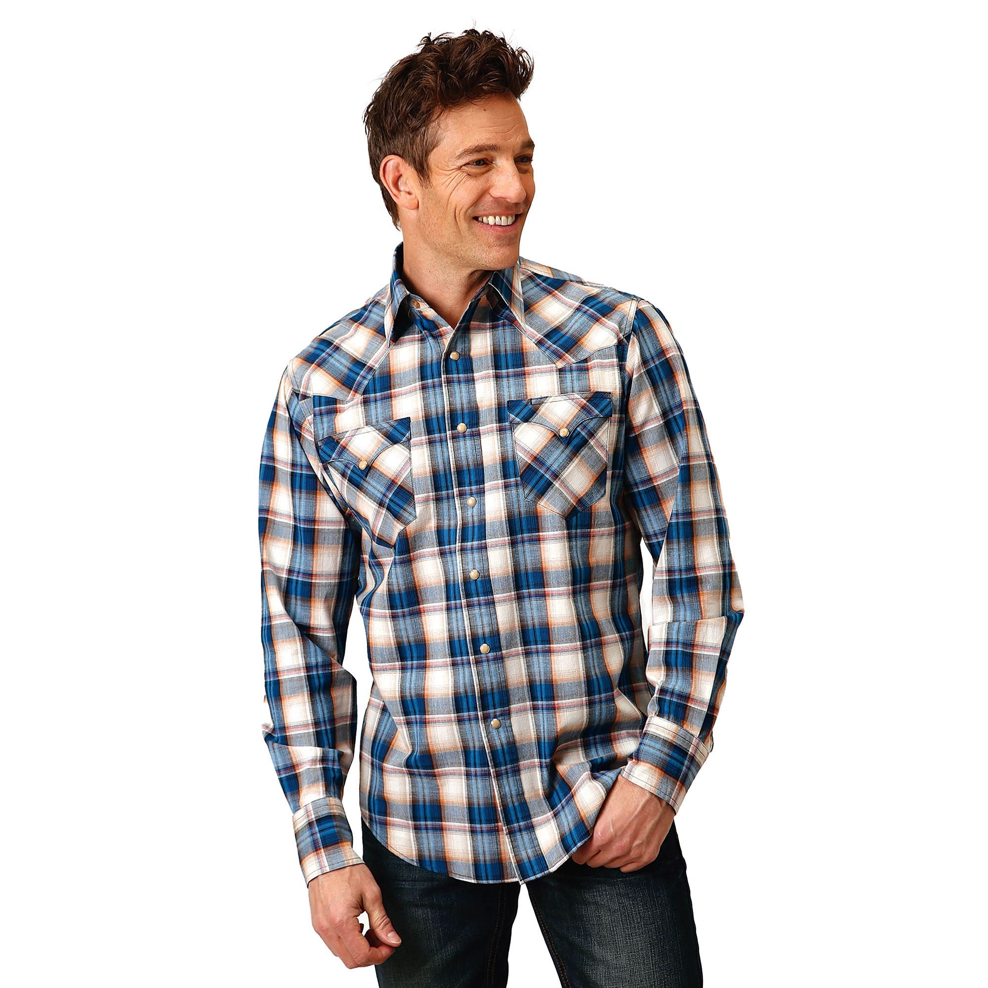 Roper Mns West Made Collection LS Shirt Plaid Blue - Summer Clearance