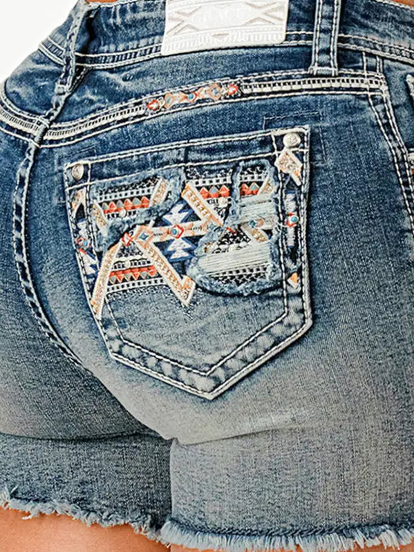 Grace in LA Aztec Embroidery Modify Mid Rise Shorts