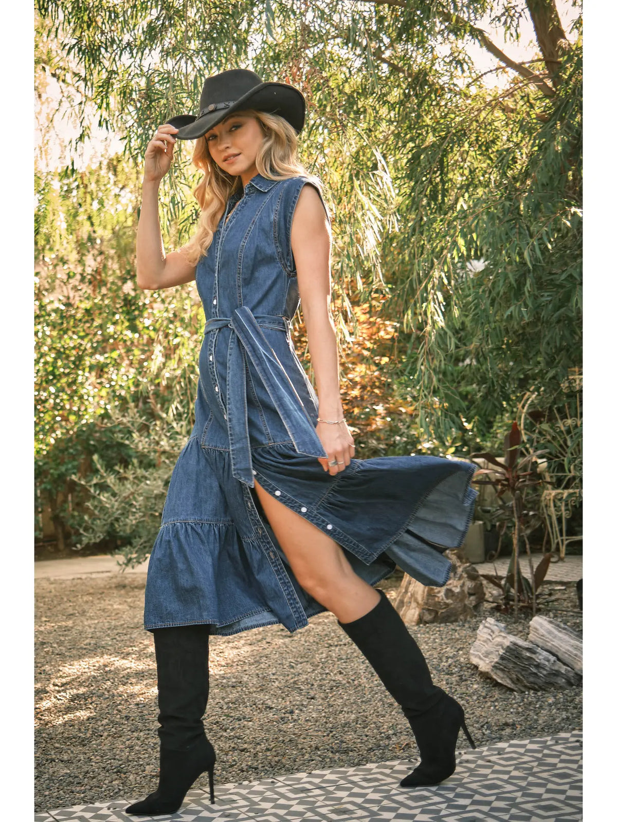 Belted Button Up Tiered Denim Midi Dress
