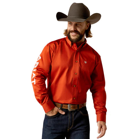 Ariat Mns Team Logo Twill Long Sleeve Shirt Dark Orange/White