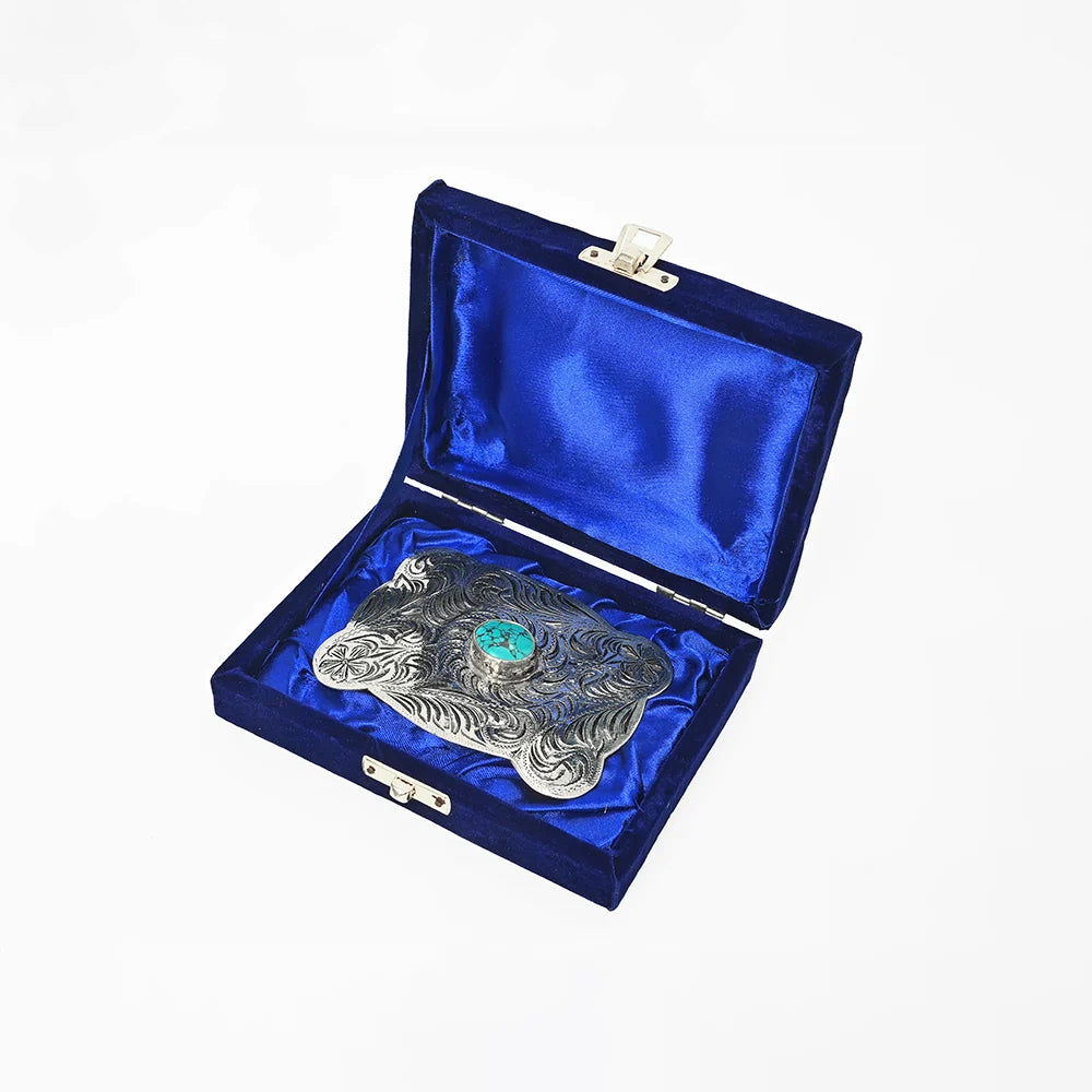 American Darling Hand Engraved German Silver Western Belt Buckle with Turquoise Stones
