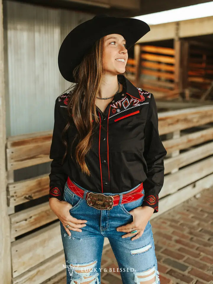 Black Aztec Embroidered Western Yoke Pearl Snap Top