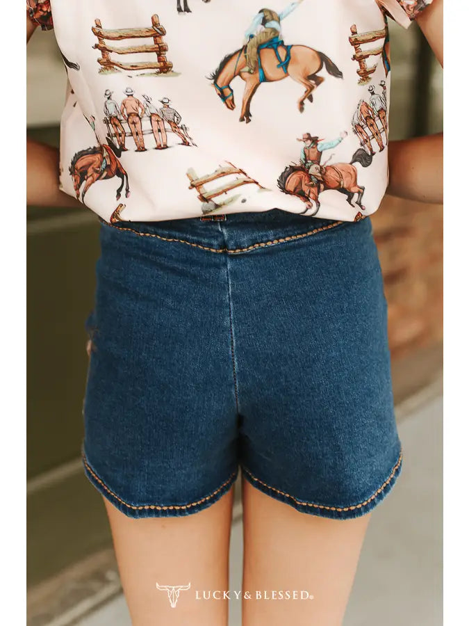 Mid Wash Buck- Stitch Printed Stretch Denim Shorts