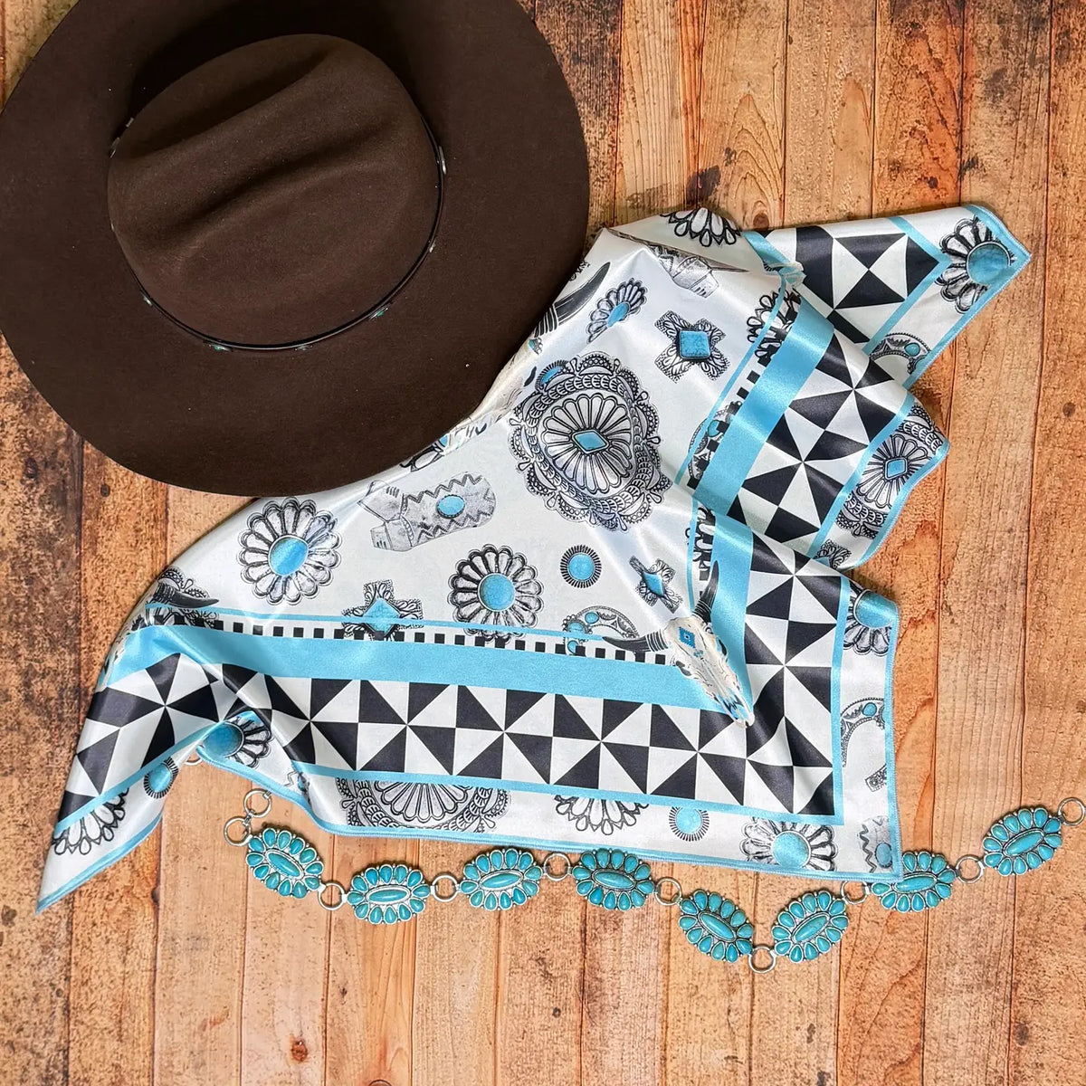 Turquoise Concho Longhorn Print Square Silk Rag