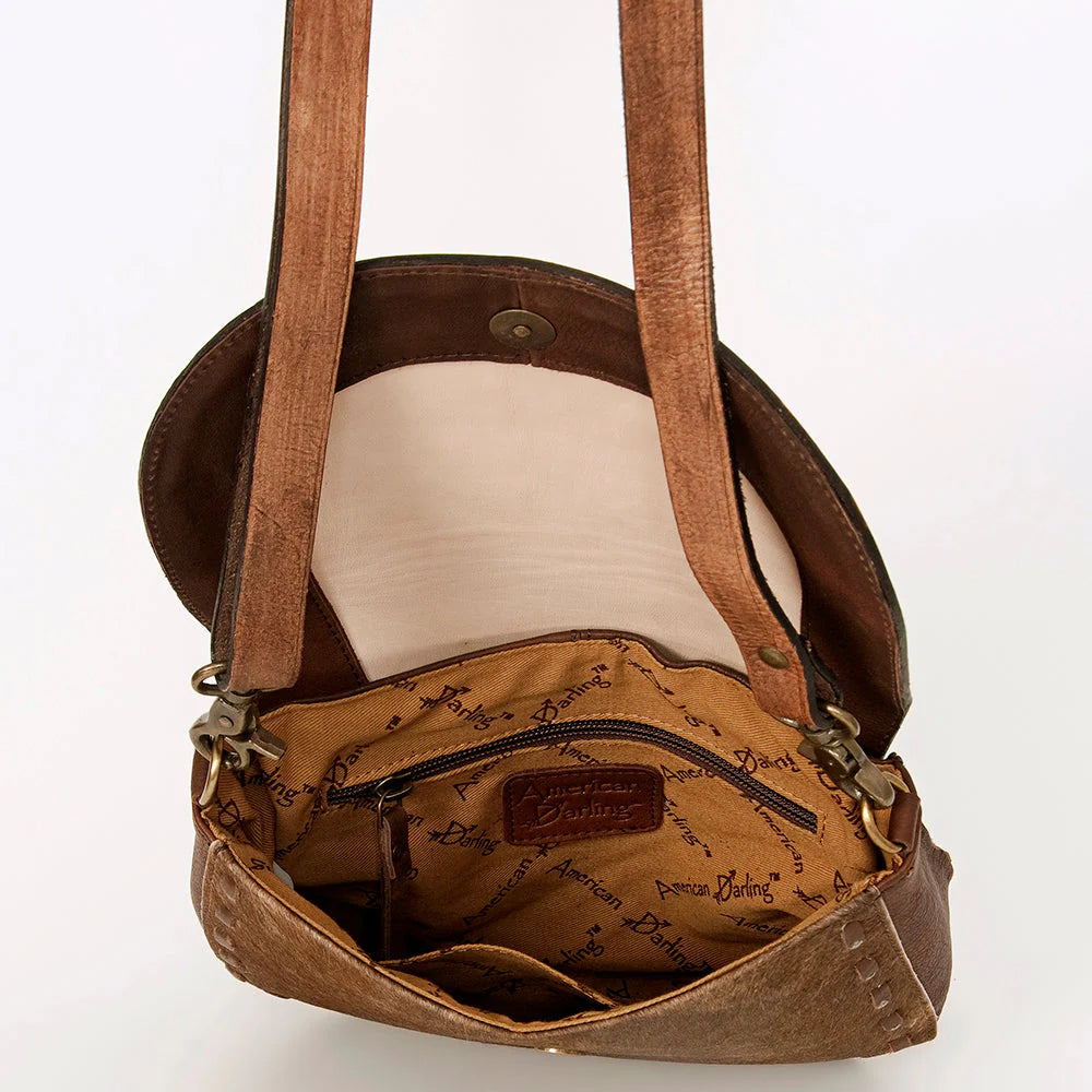 American Darling Messenger Bag Floral Hand Tooled Leather and Hair on Hide