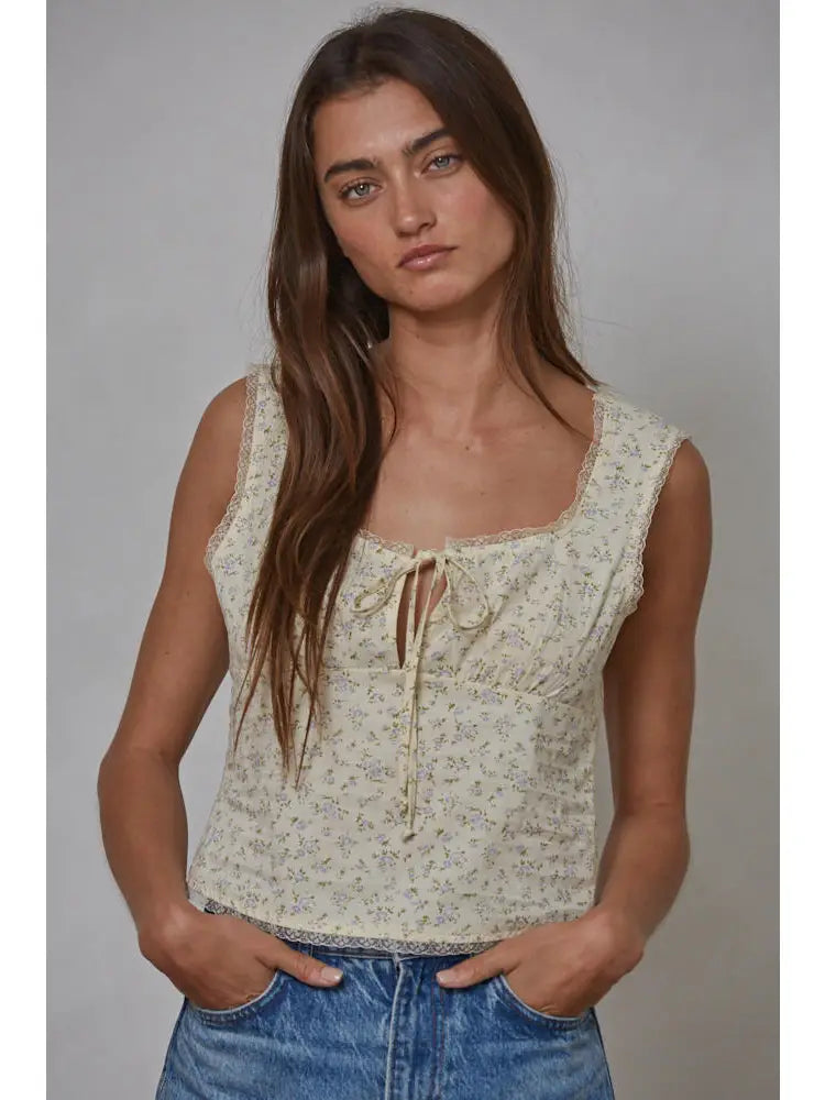 Woven Cotton Floral Print Square Neck Sleeveless Top