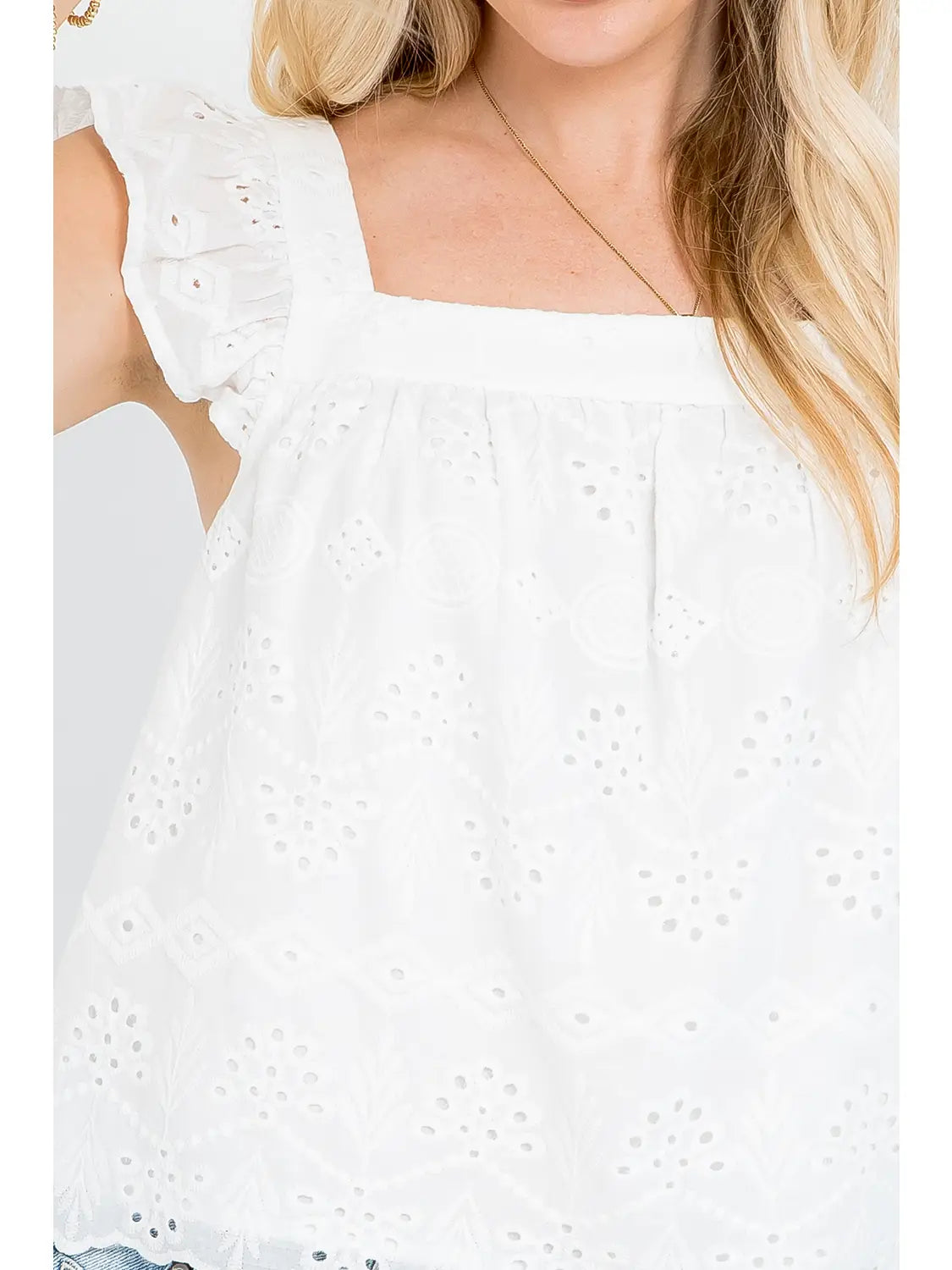 Eyelet Cotton Casual Ruffle Sleeve Top Ivory