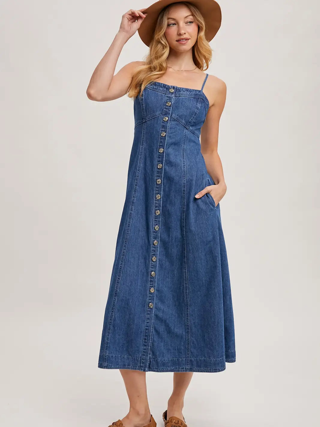 Sleeveless Denim Midi Dress Buton Down