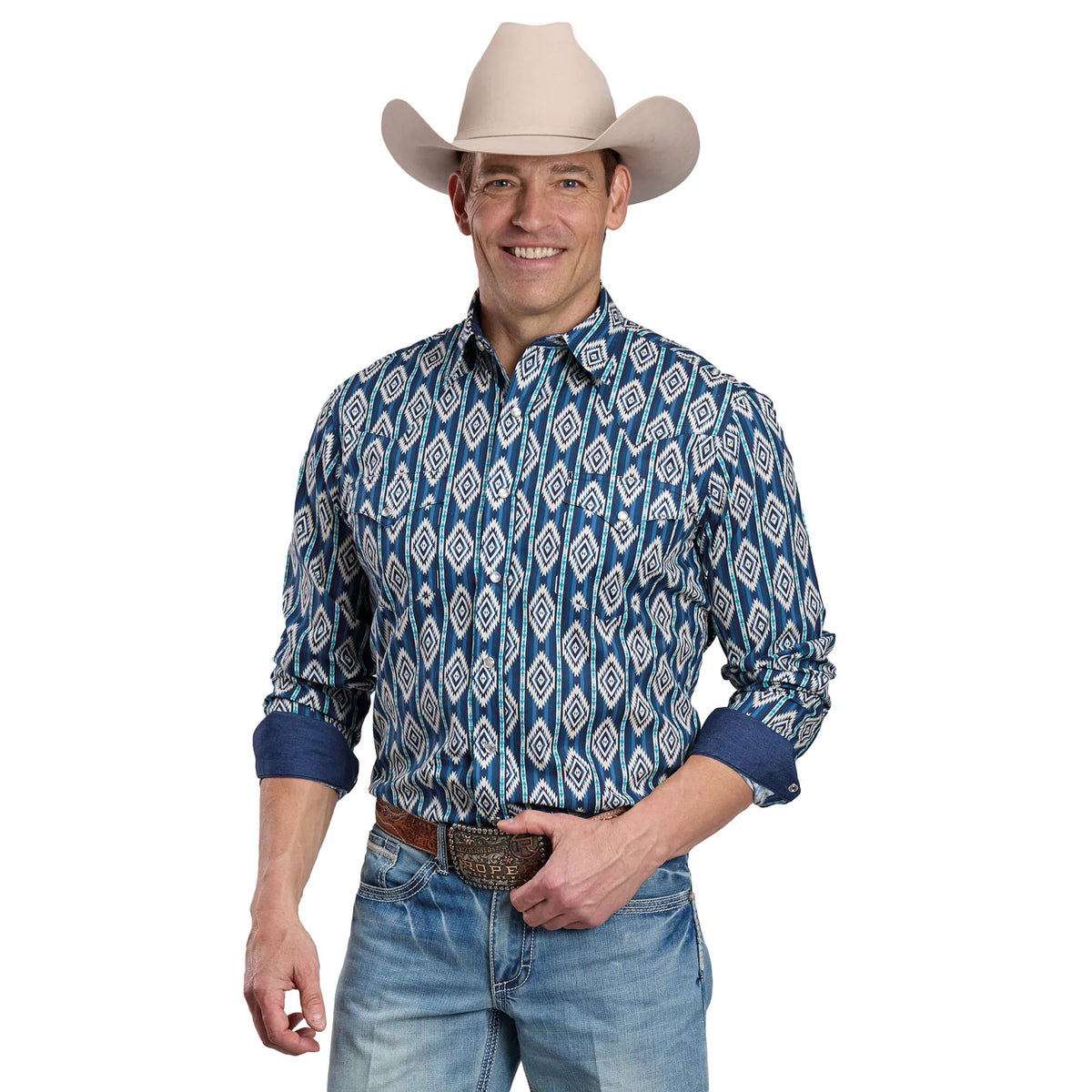 Roper Mns West Made Collection LS Shirt Print Blue