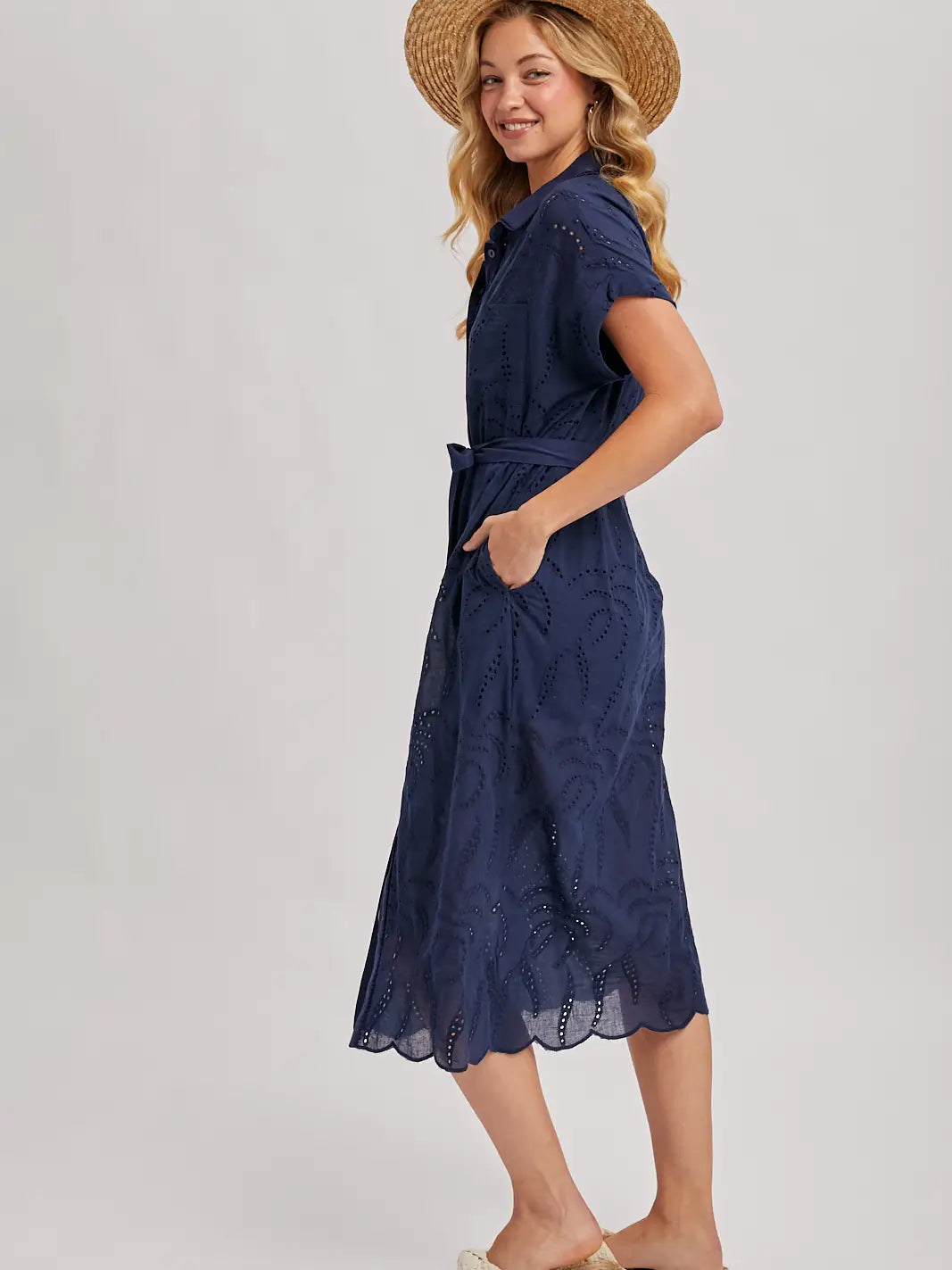 Boho Eyelet Button Down Shirt Belted Midi Dress