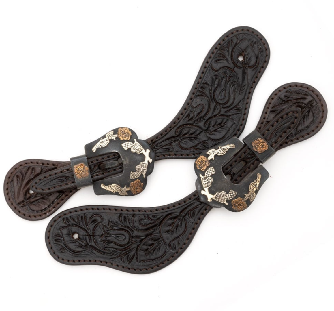 Cashel Guns and Roses Spur Straps Chocolate - Rose Tooling