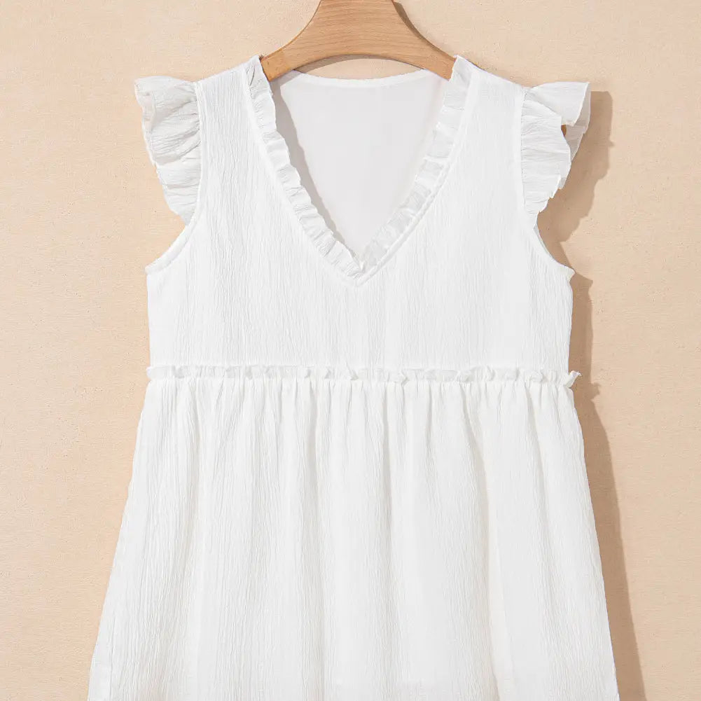 White Textured Ruffled Trim V Neck Flutter Flowy Top