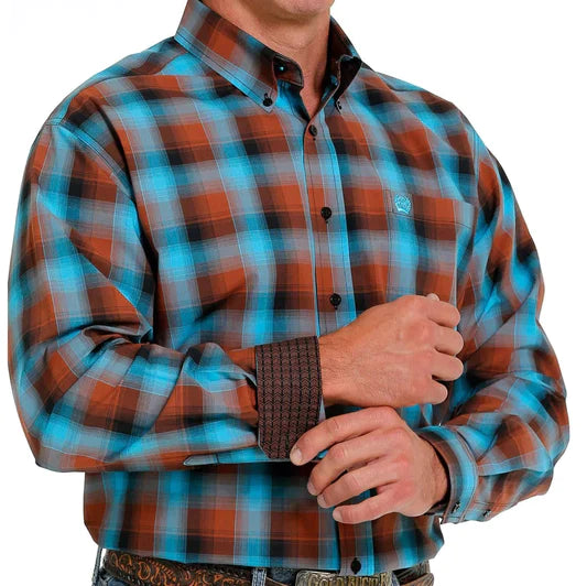 Cinch Mens Brown/Teal Plaid Arena Shirt - Black Friday Sale