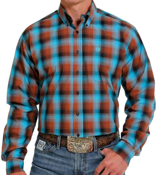 Cinch Mens Brown/Teal Plaid Arena Shirt - Black Friday Sale