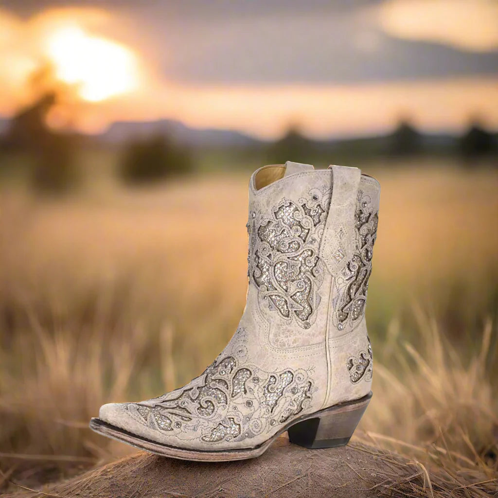 Corral Womens White Glittered Inlay and Crystals Snip Toe Wedding Cowboy Boot