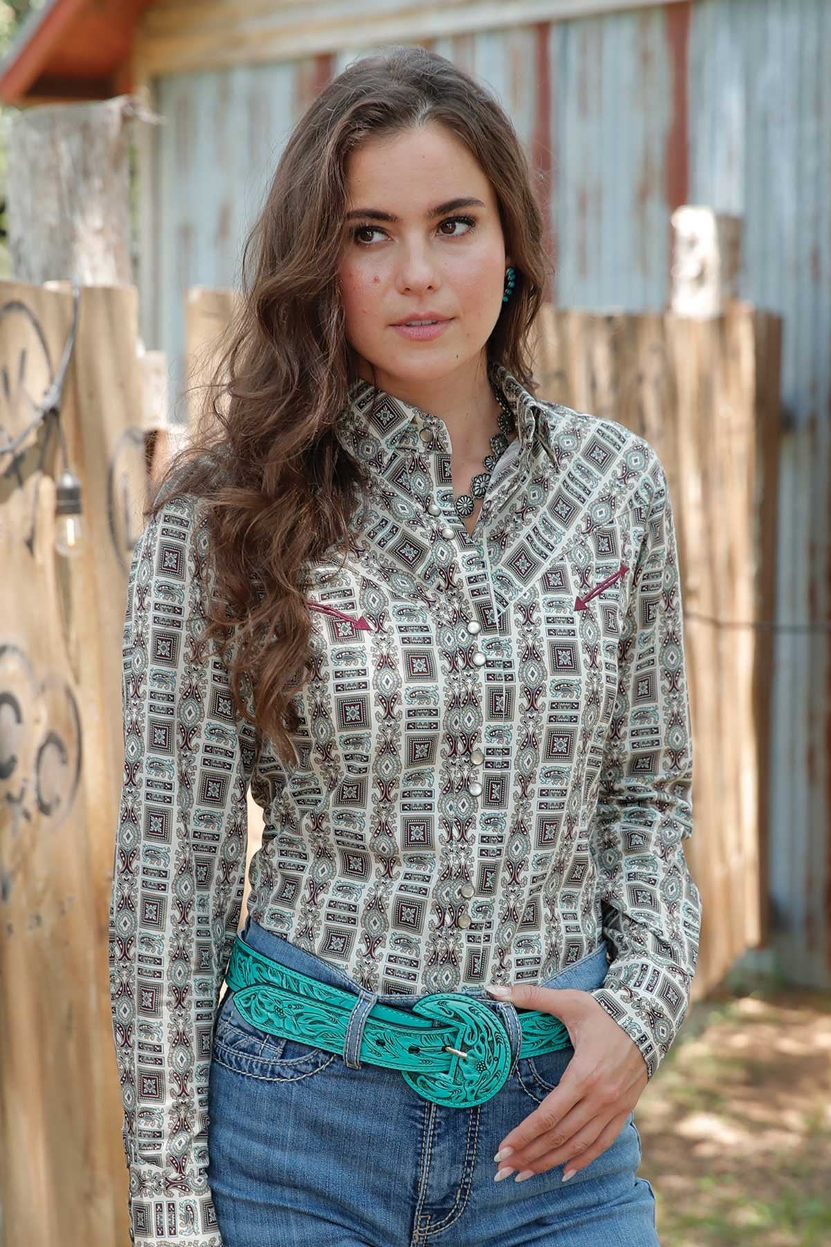 Cruel Girl Wmns Vintage Print Snap Front Western Shirt