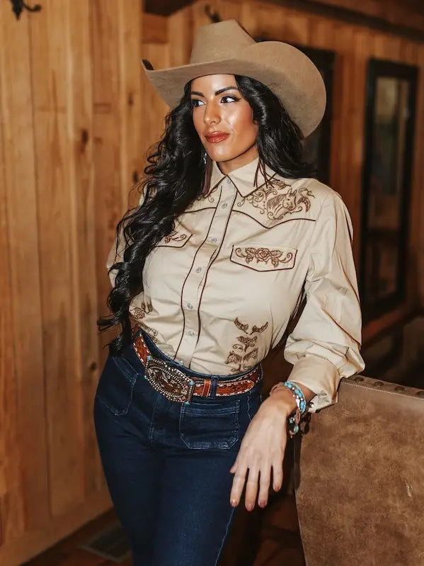 Khaki Pearl Snap Button Down Embroidered Shirt