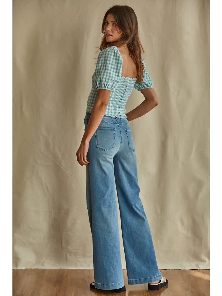 Sweetheart Neckline Linen Checkered Blouse