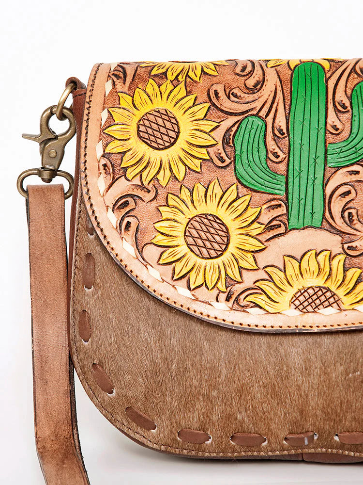 American Darling Messenger Bag Floral Hand Tooled Leather and Hair on Hide