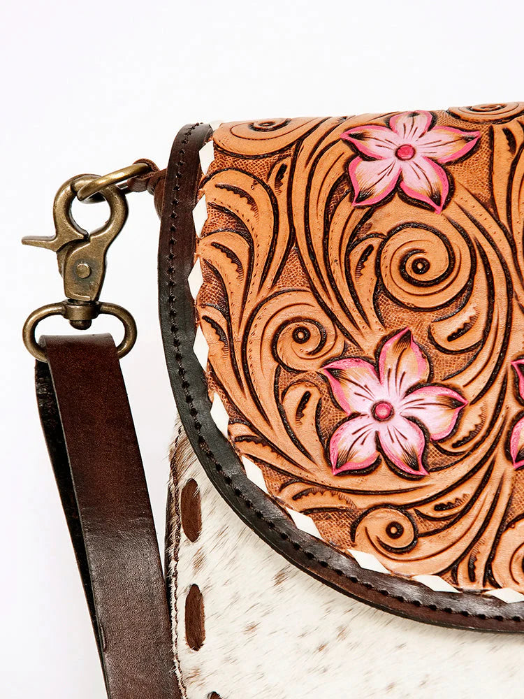 American Darling Messenger Bag Floral Hand Tooled Leather and Hair on Hide