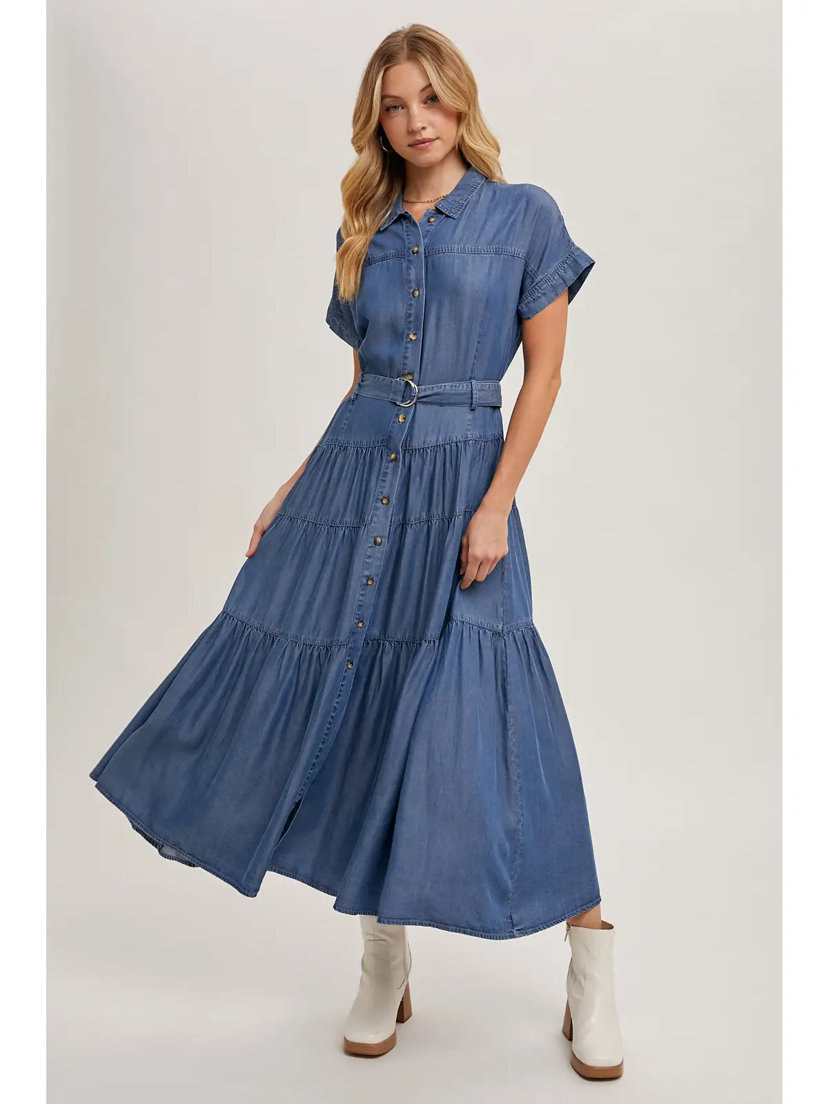 Short Sleeve Tiered Maxi Denim Dress Button Front