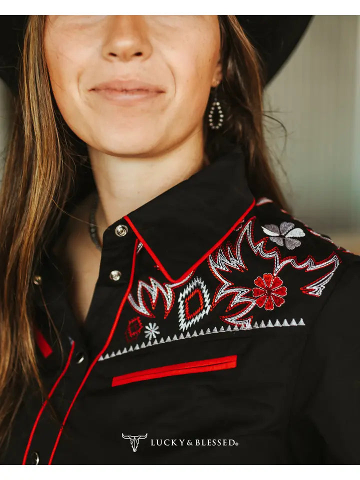 Black Aztec Embroidered Western Yoke Pearl Snap Top