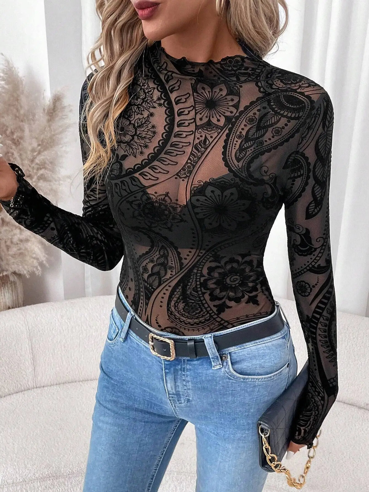 Paisley Velvet Print Mesh Top