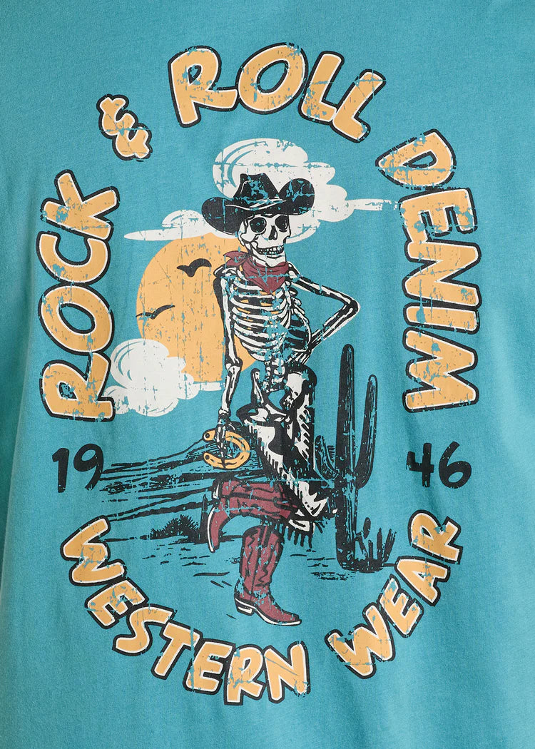 Rock and Roll Denim Skeleton Graphic Tee - Black Friday Sale