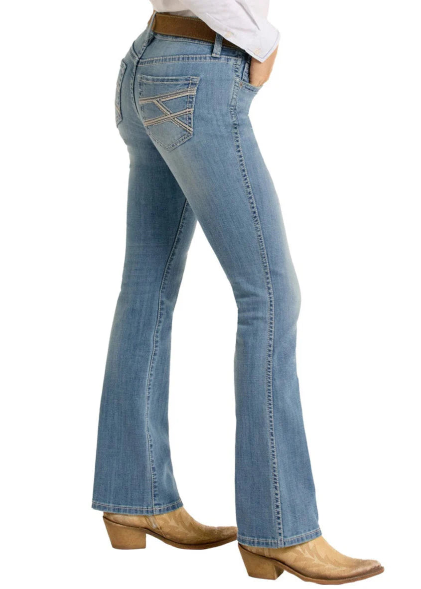 Rock and Roll Raised Denim Embroidered High Rise Moderate Bootcut