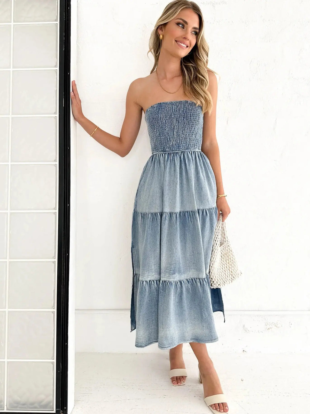 Off Shoulder Hem Slit Jean Dress